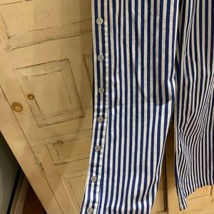 Blue and white striped flare jeans